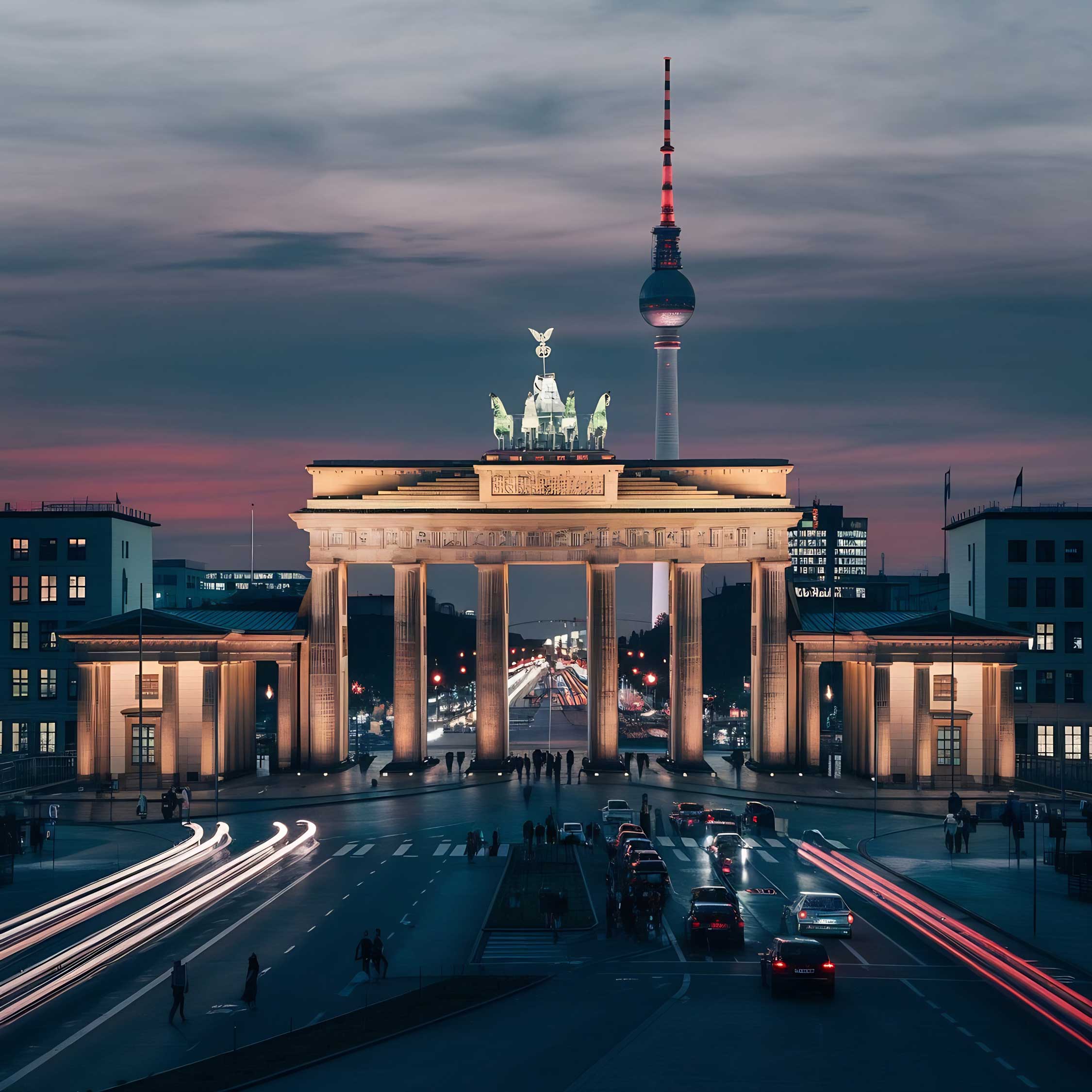 Panorama del centro di Berlino che mostra il mix di architettura storica e moderna, con la torre TV e il fiume Spree.