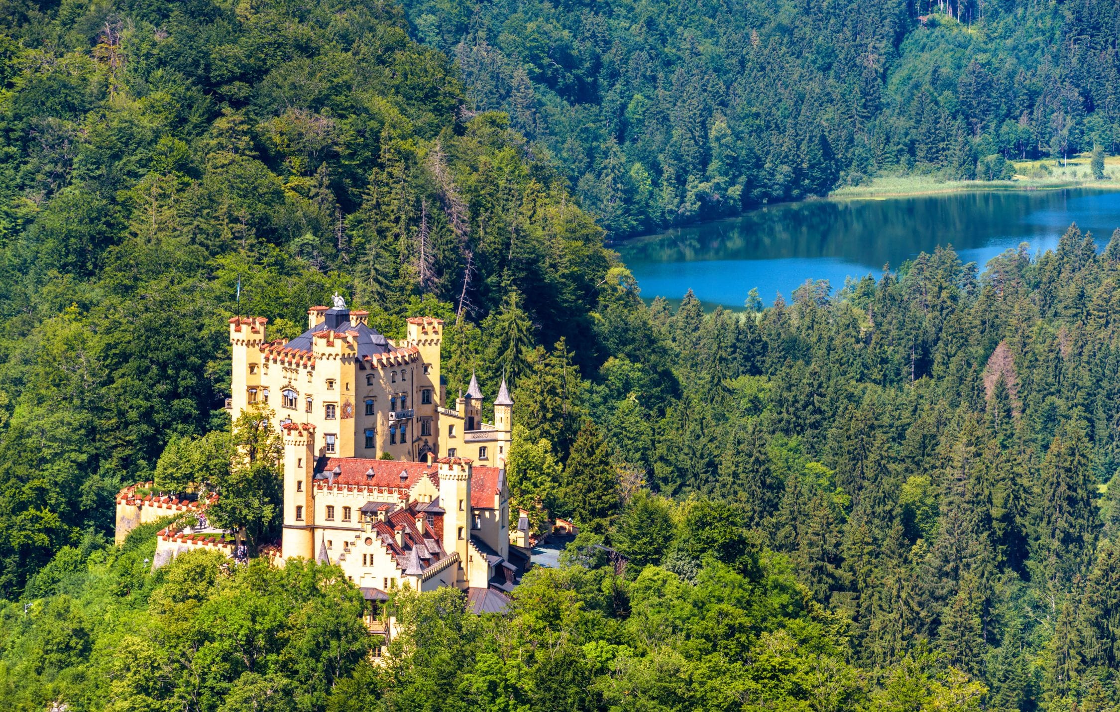 Il castello giallo di Hohenschwangau immerso nelle Alpi bavaresi, residenza estiva della famiglia reale e luogo d'infanzia di Re Ludovico II.