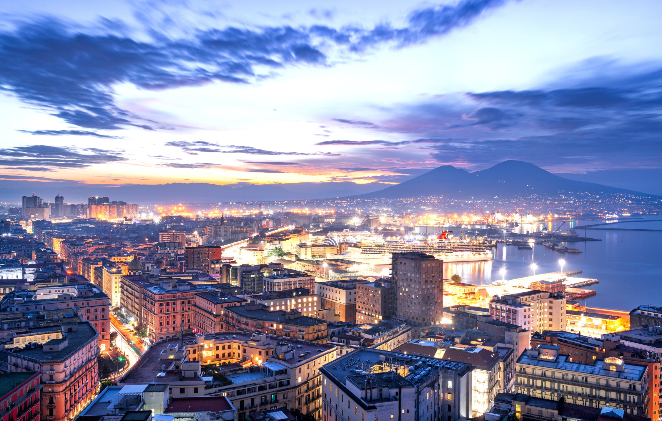 Naples, Italy City Skyline Overlooking the Port Towards Vesuvius